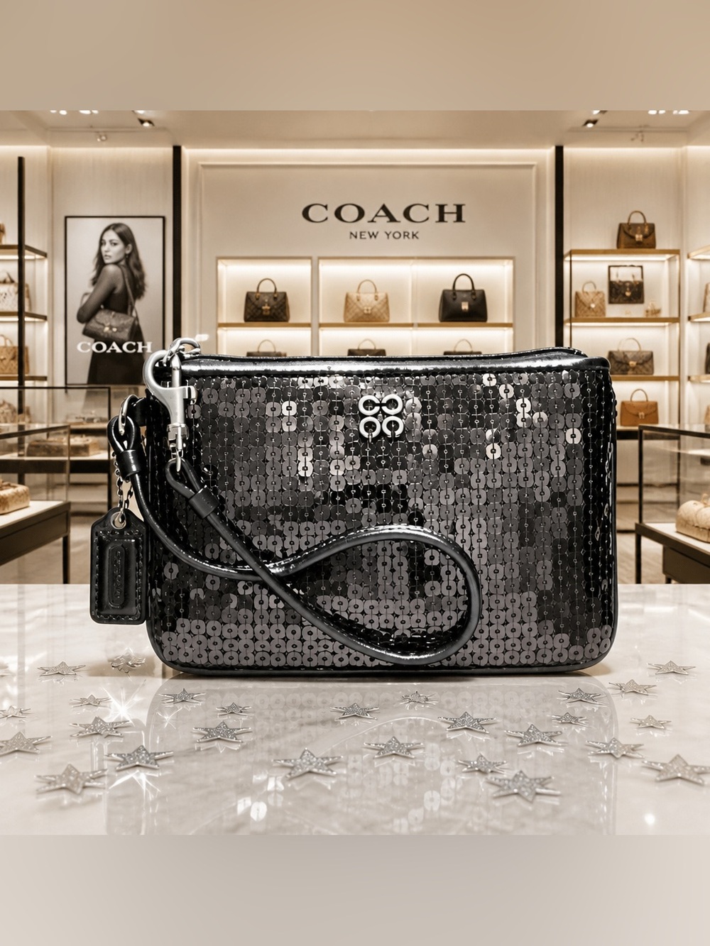 NWOT Coach Poppy Limited Edition Gunmetal Sequin Small Wristlet